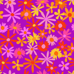 Floral seamless vector pattern. Nostalgic retro 60s-70s groovy print. Vintage floral background. Textile and surface design with old fashioned hand drawn naive colorful flowers