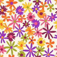 Floral seamless vector pattern. Nostalgic retro 60s-70s groovy print. Vintage floral background. Textile and surface design with old fashioned hand drawn naive colorful flowers