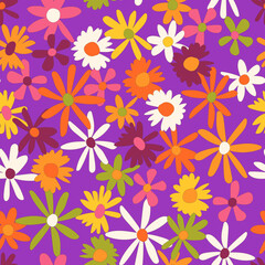 Fototapeta na wymiar Floral seamless vector pattern. Nostalgic retro 60s-70s groovy print. Vintage floral background. Textile and surface design with old fashioned hand drawn naive colorful flowers