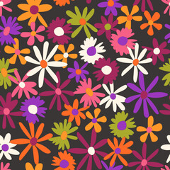Floral seamless vector pattern. Nostalgic retro 60s-70s groovy print. Vintage floral background. Textile and surface design with old fashioned hand drawn naive colorful flowers