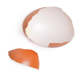 Top view group of broken eggshells stacked on white background