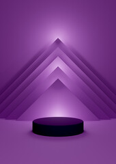 Bright purple, violet 3D illustration simple, minimal product display with one cylinder stand with abstract pyramid triangle and lights at the top in the background