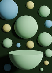 Dark, warm green 3d Illustration simple minimal product display background side view abstract colorful bubbles or spheres podium stand for product photography or wallpaper