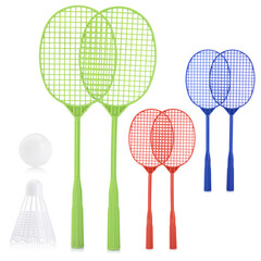 Badminton set made of plastic for children, isolated on a white background. Toy rackets, a shuttlecock ball for playing badminton. Children's sports. Development of a child's sports skills