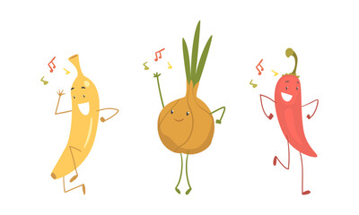 Funny Banana and Onion Character Dancing Moving Hand and Legs Vector Set