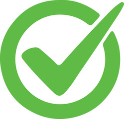 Green check mark icon in a circle. Tick symbol in green color, vector illustration.