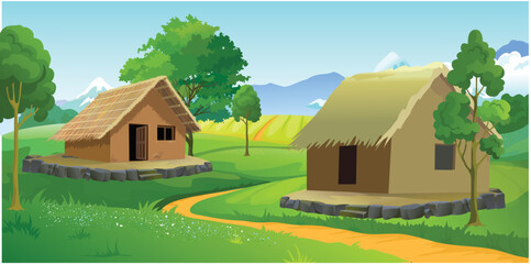 two house in a village with roof made of straws and walls made of clay. green nature mountains