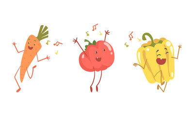 Fototapeta premium Funny Carrot and Tomato Character Dancing Moving Hand and Legs Vector Set