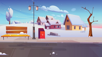 cartoon winter landscape street with snow on roofs, houses with lights. Vector illustration in a flat style. snow area road and sitting area covers with snow empty tree