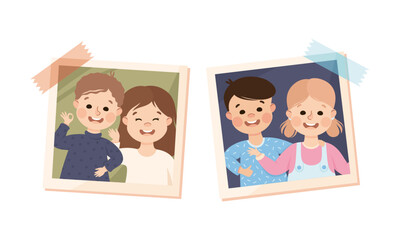 Photo Card or Snapshot with Happy Smiling Children Sticking on the Wall Vector Set