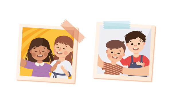 Photo Card or Snapshot with Happy Smiling Children Sticking on the Wall Vector Set
