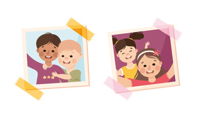 Photo Card or Snapshot with Happy Smiling Children Sticking on the Wall Vector Set