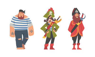 Brutal Man Pirate or Buccaneer Character with Saber and in Striped Vest as Marine Robber Vector Set