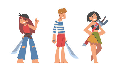 Brutal Man and Woman Pirate or Buccaneer Character with Saber and in Striped Vest as Marine Robber Vector Set