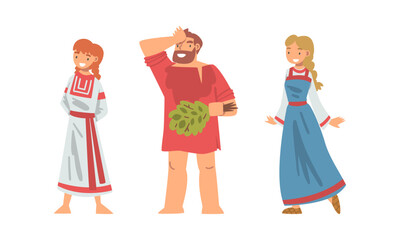 Slav or Slavonian Man and Woman Character in Ethnic Clothing Vector Set
