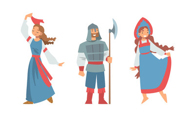 Slav or Slavonian Man and Woman Character in Ethnic Clothing Vector Set - obrazy, fototapety, plakaty