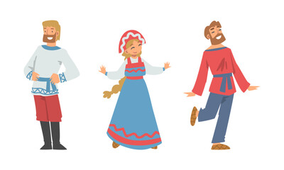 Obraz premium Slav or Slavonian Man and Woman Character in Ethnic Clothing Vector Set