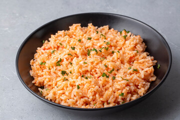 Traditional delicious Turkish food; rice pilaf with tomatoes (Turkish name; Domatesli pirinc pilavi)