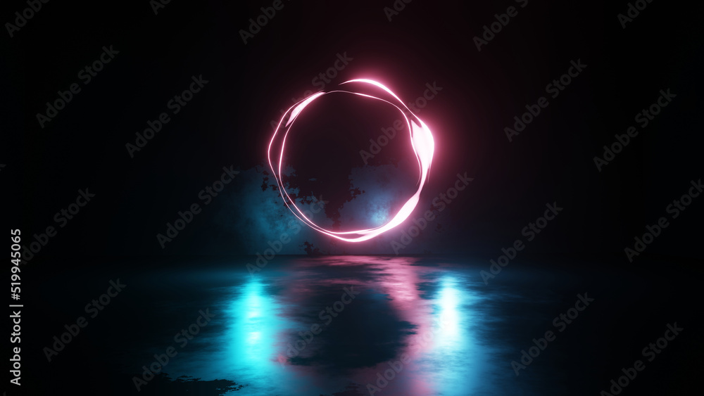 Poster 3d rendering. neon light flows in abstract concrete floor room.