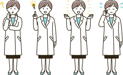 白衣を着た女性の表情バリエーションのイラストセット②（肌色なしバージョン）