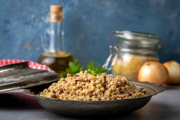 Traditional delicious Turkish foods; bulgur pilaf with green lentils (Turkish name; yesil...