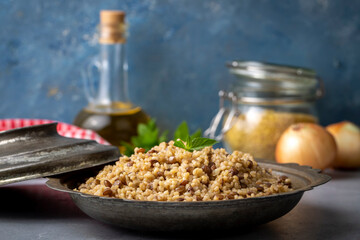Traditional delicious Turkish foods; bulgur pilaf with green lentils (Turkish name; yesil mercimekli bulgur pilavi)