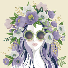 Vector illustration of a girl wearing sunglasses and decorating the hair with flowers. Design for invitation card, picture frame, poster, scrapbook