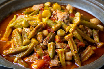 Bamya, Turkish traditional food. (Turkish cuisine) Homemade Food Okra in Plate. Organic Food.