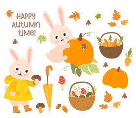 Obraz na płótnie Canvas Set Happy autumn time. Cute rabbit in raincoat and rubber boots collects mushrooms and bunny with big pumpkin. Basket with mushrooms, carrots and falling autumn leaves. Vector illustration. Isolated.