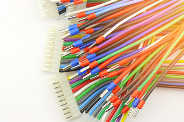 Copper electrical wires for installation in color insulation close-up.Sunflare.