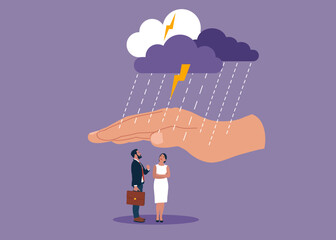 Employee care benefit, worker insurance or protection, leader or boss to help employee. Giant businessman hand cover team member from rainstorm.