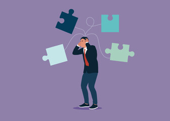 Businessman character suffering from brain disease and memory loss standing with puzzles flying around. Alzheimer illness disease patient.
