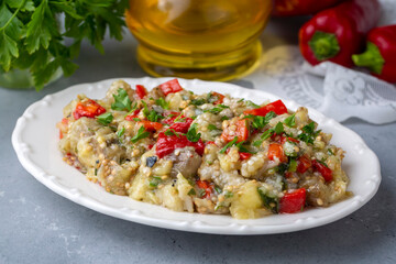 Turkish style eggplant appetizer, eggplant salad, Roasted Eggplant Salad, Turkish name; Patlican salatasi, babaganus