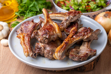 Grilled lamb chops in delicious view, Turkish name; kuzu pirzola