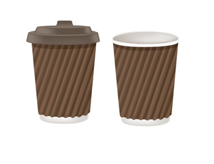 Disposable white paper coffee cup with plastic drinking lids vector illustration isolated on white background