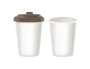 Disposable white paper coffee cup with plastic drinking lids vector illustration isolated on white background