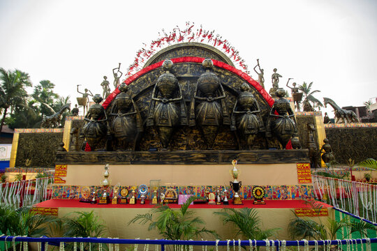 View of decorated Durga Puja pandal, a temporary temple, Durga Puja festival.