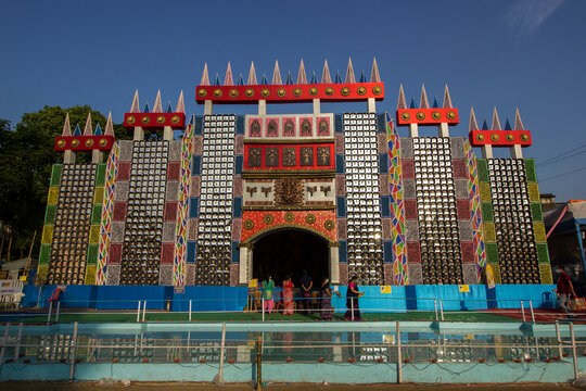 View of decorated Durga Puja pandal, a temporary temple, Durga Puja festival.
