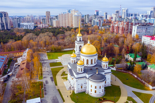 Flying over the Alexander Nevsky Cathedral. Novo-Tikhvin Nunnery. Yekaterinburg. Russia