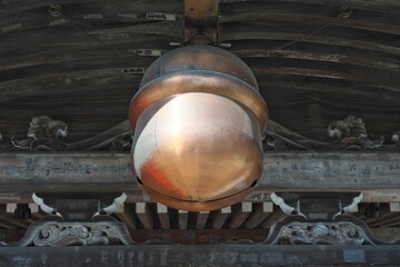 Ibaraki, Japan - March 5, 2022: A big bell in a Shinto Shrine in Japan
