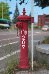Fototapeta na wymiar Hokkaido,Japan - July 7, 2022: A red fire hydrant in Otaru, Hokkaido, Japan 