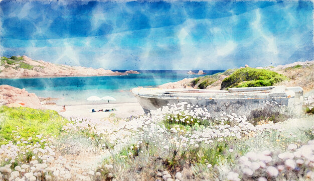 Aquarell Malerei von einem mediterranem Strand mit einem Boot und zwei Sonnenschirmen