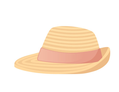 Summer straw hat with pink ribbon vector illustration isolated on white background