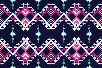 Multicolored square shape woven into a cloth pattern. surrounded by white flowers on a dark sphere background. for clothes wallpaper