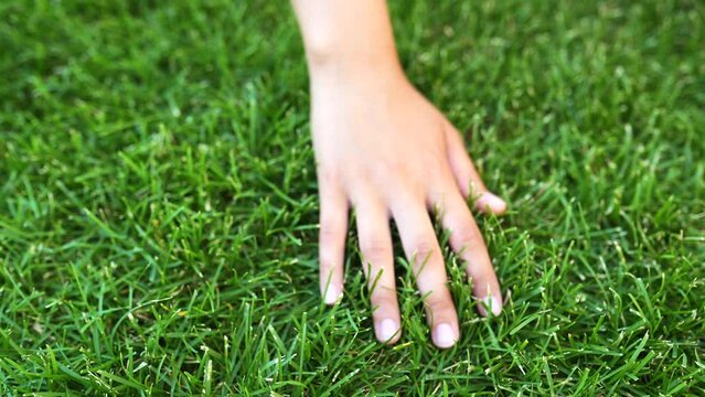 Woman touching fresh grass on green lawn, closeup