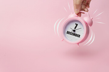 December 7th. Day 7 of month, Calendar date. The morning alarm clock jumping up from the bell with...