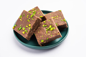 chocolate barfi or choco burfi cake, a tweak to indian dessert or sweet for festivals