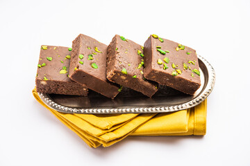 chocolate barfi or choco burfi cake, a tweak to indian dessert or sweet for festivals