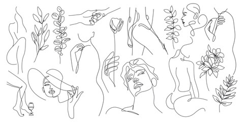 Women, Leaves, Plants Line Art Drawing Set. Vector Set of Minimal Abstract Line Art Elements for Modern Graphic Design.