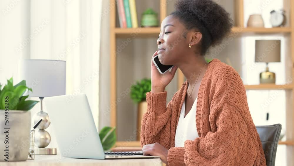 Poster happy, smiling and confident freelancer talking on phone while sitting with her laptop and working f